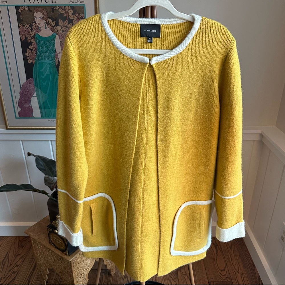 Vibrant Yellow Cardigan with White Accents